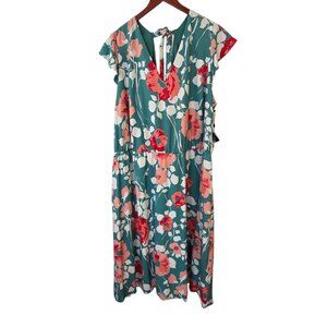 Adrianna Papell Women's 22W Green Multi Floral Double V-Neck Midi Dress